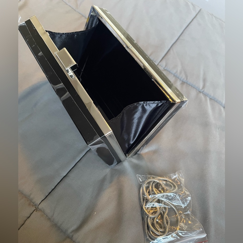 Black Box Clutch with Silver Accents and Removable Silver Chain Strap - Picture 3 of 9